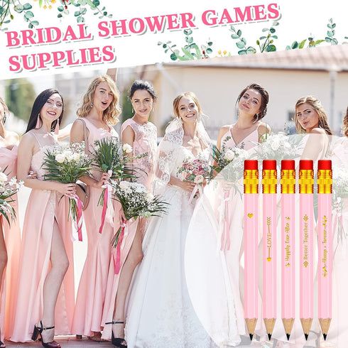 Crtiin 50 Pcs Pink Wedding Pencils for Bridal Shower, Mini Golf, Classroom, School, 4 Inch Pre Sharpened with Eraser