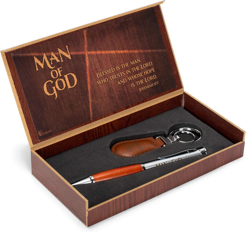 Dicksons Man of God 2 Piece Metal Woodgrain Ballpoint Pen & Leatherette Keychain Gift Boxed Set