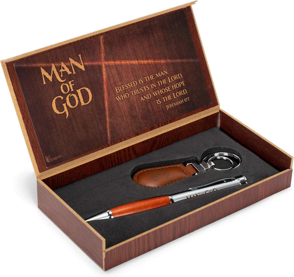 Dicksons Man of God 2 Piece Metal Woodgrain Ballpoint Pen & Leatherette Keychain Gift Boxed Set