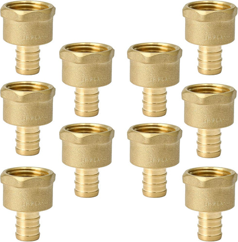 10-Pack PEX Fittings, 1/2" PEX x 1/2" Female NPT, Brass Crimp Fitting for PEX Pipes, ASTM F1807