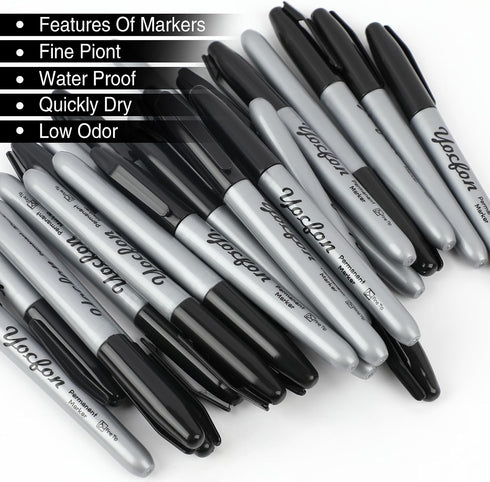Yocfon 144 Count Set, Permanent Markers Bulk, Black Permanent Markers Fine Tip, Waterproof Markers, Works On Plastic