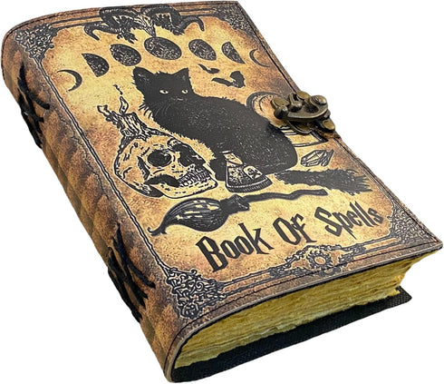 Blank Spell Book of Shadows Grimoire Journal, Magic Cat Printed, Witchcraft Supplies, 7x5 inches Leather Sketchbook