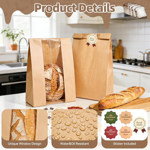 50 Packaging, Funcoo Pcs Paper Bread Bags for Home Sourdough Bread Bakery Storage Bags with Window, Large Bakery Loaf