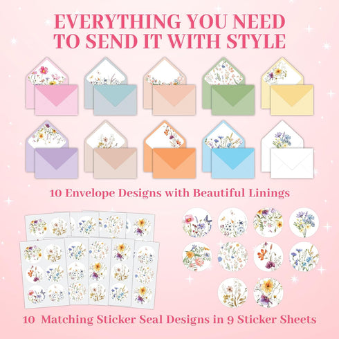 50 Pack 6x4in 10 Decorably Gold Foiled Wildflower Thank You Cards Wedding with Envelopes and Stickers, Folded