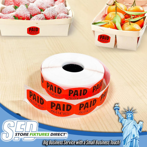 Paid Thank You Fluorescent Orange Self Adhesive Labels, Sold Retail Stickers, 1 Roll, 1000 Pack, .85" H x 1.2" W