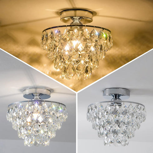 CM E26 Closet MZY Mini Crystal Chandelier Ceiling Light Small, Modern Chrome Crystal Flush Mount Ceiling Light, Base