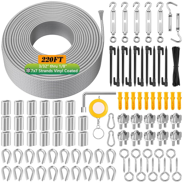 220 FT 1/8" Wire Rope Kit, 304 Stainless Steel Cable with M5 Turnbuckles, Vinyl Coated String Lights Hanging Wire for