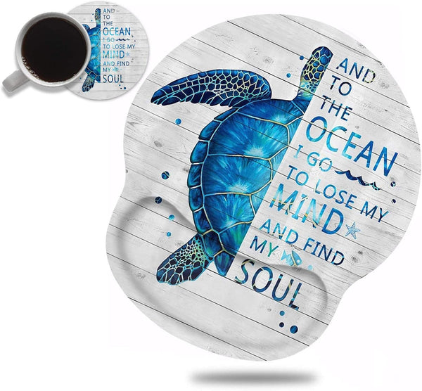 Ergonomic Mouse Pad Wrist Support and Coffee Coaster, Funny Words with Blue Sea Turtle on Rustic Wooden Board Design