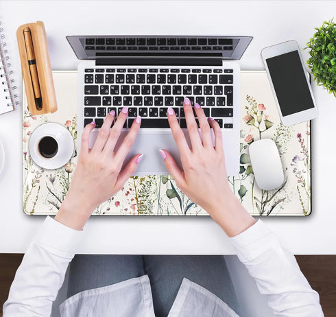 Floral Beige Boho Desk Mat, Large Extend Mouse Pad XXL, Cute Minimalist Flowers Keyboard Mat, Gift for Women