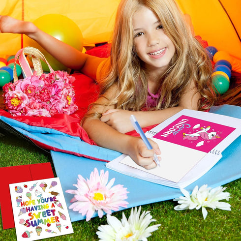 Noveread 6 Sets 6 Summer Camp Greeting Card with Envelopes Sweet Camp Notes Designs Postcards Stationary for Kids Boys