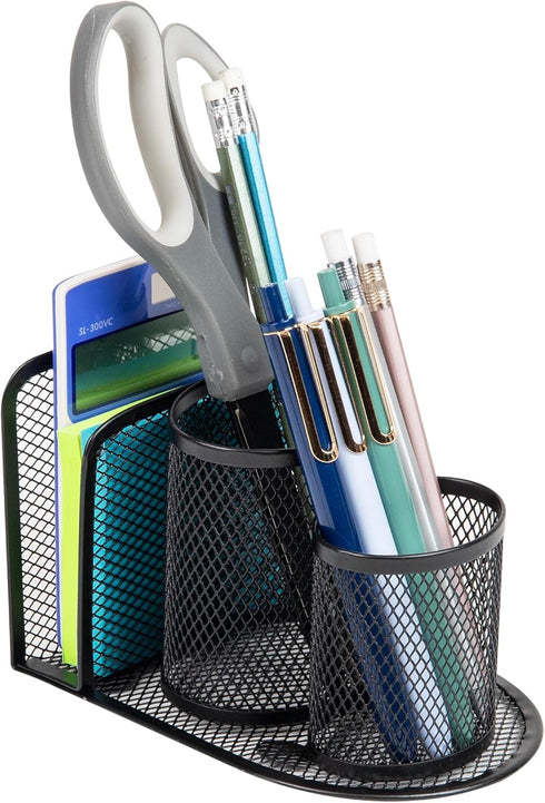 Desktop Organizer, Pen Cup, Mail Sorter, Accessory Storage for Workspace, Office, Metal Mesh, Black