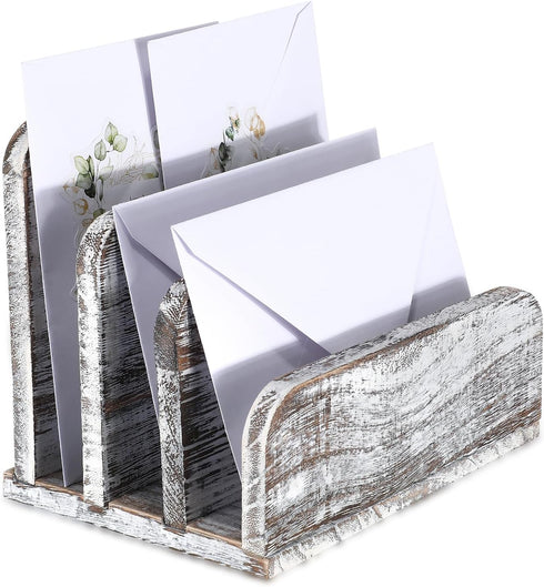 Wooden Mail Holder with 3 Slots, Desk Organizer for Paper and Document Storage, Old White