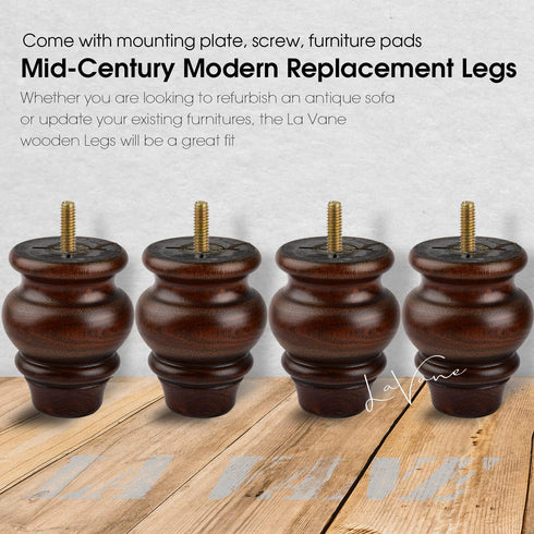 La Vane 3.5 Inch 9cm 4PCS M8 / Classic Bun Feet, Solid Wood Furniture Legs with Bolt & Mounting Plates, Small Size