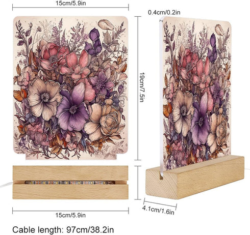 KNASNCHD Floral Design Pattern Night Light with Wood Base USB Interface Power Supply,Bedside Table Lamp Acrylic Home