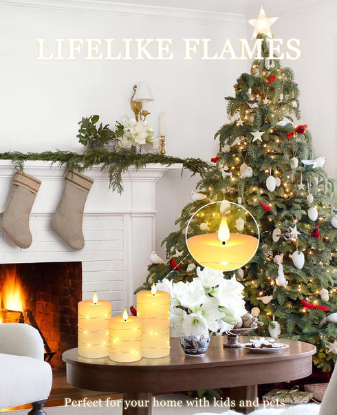 Wax,3 Pack-Ivory Da by Flameless Candles with String Lights, Battery Operated Candles with Remote and Timer, LED Pillar