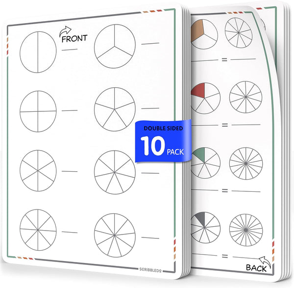 SCRIBBLEDO Fraction Manipulatives, 9”x12” Dry Erase Sheets, Math Manipulatives for 1st and 2nd Grade Students