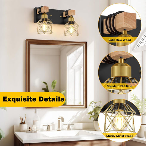 2-Light FadimiKoo Rustic Style Wood Bathroom Wall Sconces, Black Gold Bathroom Vanity Light Fixtures with Metal Shade