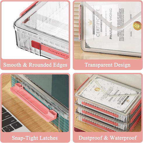 SAYEEC Clear File Storage Box, Portable Project Case with Handle, Stackable Flat Storage Bin for A4 Paper