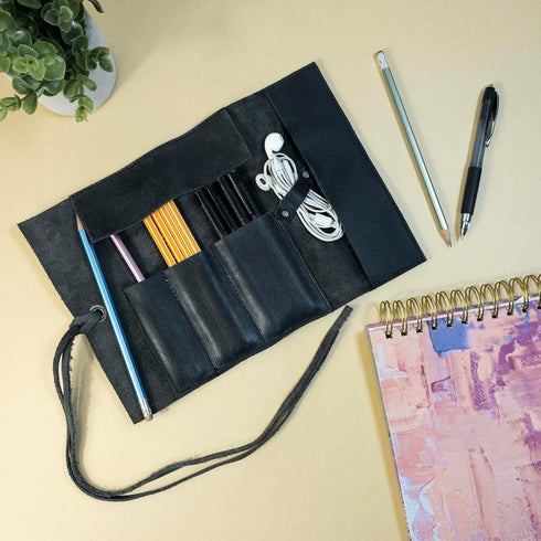 Hide & Drink, Rustic Pencil Roll Pouch, Multi-Purpose Storage Wrap for Scissors, Earphones, Organizer for Craft, Full Grain Leather, Handmade, Charcoal Black by Hide & Drink