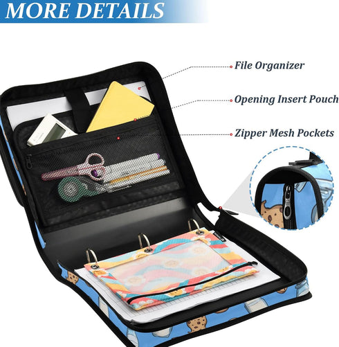 Fisyme 3 Cookies and Milk Cartoon Zipper Binder Ring with Zipper and Shoulder Strap Large Capacity Multi-Pocket Binder
