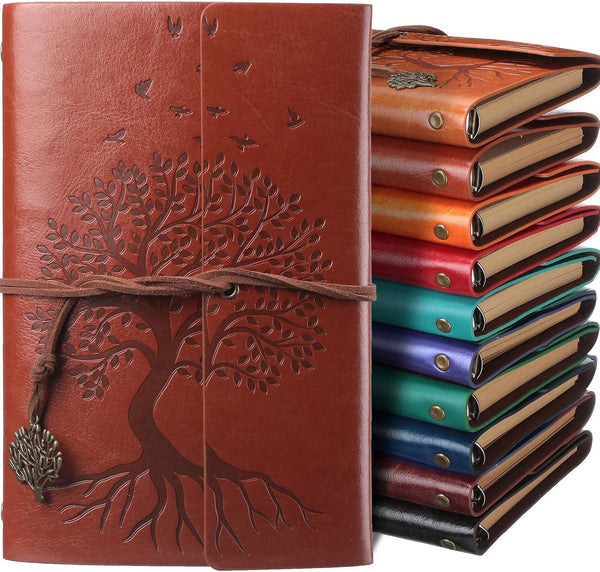 PU Leather Journal Notebooks - Tree Life Bound Journals, Vintage Refillable Blank Notebook, 7 Inch, 10 Pcs