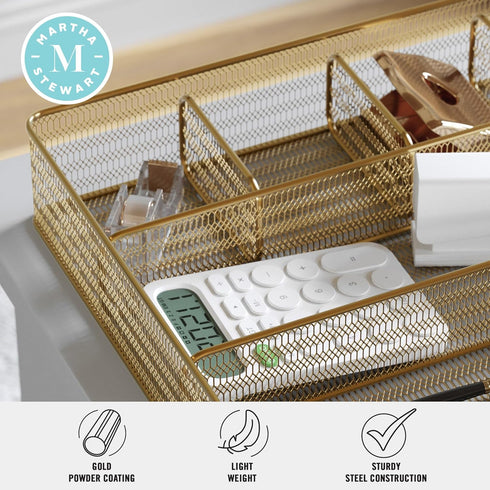 Martha Stewart Ryder Gold Mesh Metal Desk Drawer Organizer, 6 Compartment for Accessories and Office Supplies