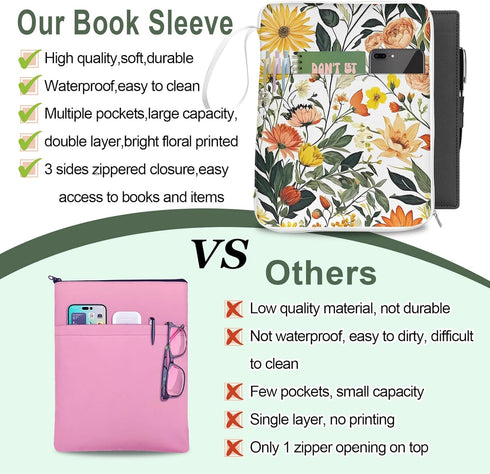 Book Sleeve for Book Lovers Paperbacks, Book Protector Cover Bag with Zipper, Waterproof PU Leather Bible Cover Case