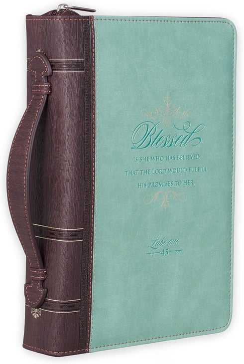 Light Blue and Brown Faux Leather Fashion Bible Cover | Blessed is She Who Has Believed Luke 1:45 | Large Book Cover