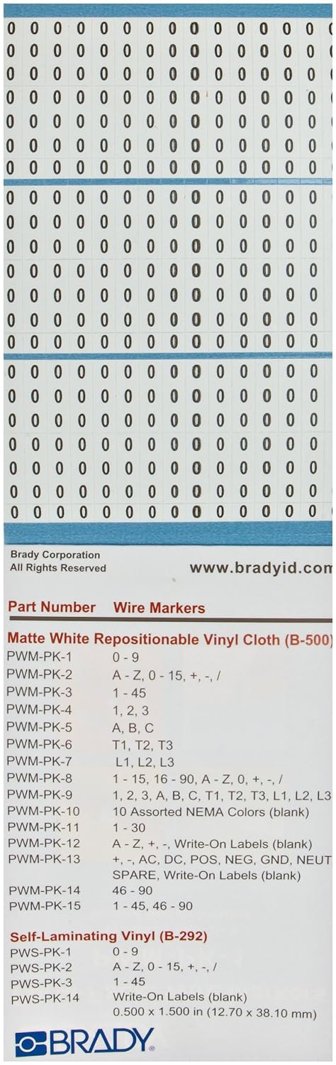 PWM-PK-1 B-500 Porta-Pack "0 9" Brady Matte Repositionable Vinyl Cloth, Black On White Color Number Wire Markers