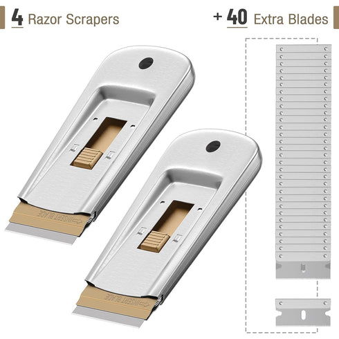 4 Pack, 40 Bates- Metal Razor Blade Scraper Tool, Extra Carbon Steel Blades, Stainless Steel Heavy-Duty Cleaning Razor