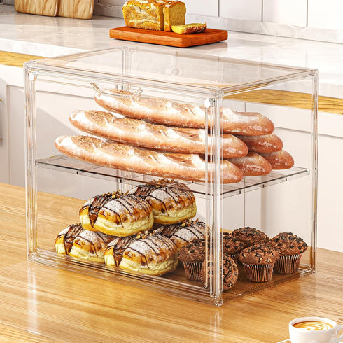 2 Countertop, 15.3" 9.8" 11.4" JOYZAN Pastry Display Case, Tier Bread Box for Kitchen Acrylic Bread Container