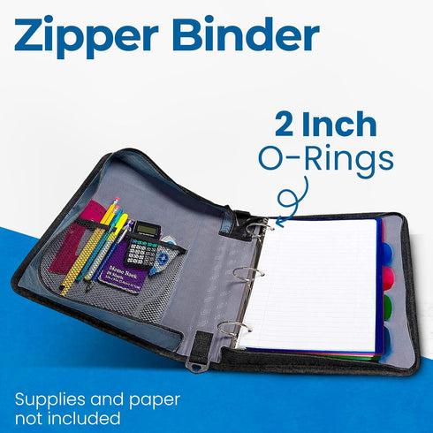 Case-it Classic Zipper Binder - 2-Inch O-Rings, 350 Sheet Capacity, Multiple Storage Pockets, Shoulder Strap