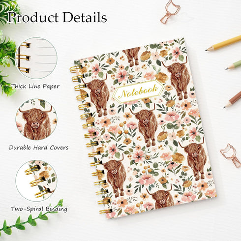Highland Cow Floral Spiral Journal Notebook, 80 Sheets, A5 Watercolor Flower Cow, College Ruled Notebook, Strong