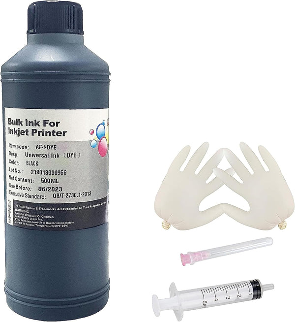 Black Ink Universal Refill Ink Kit Dye Ink 500ml for Canon HP Epson Brother Inkjet Printers Refillable Cartridge CISS