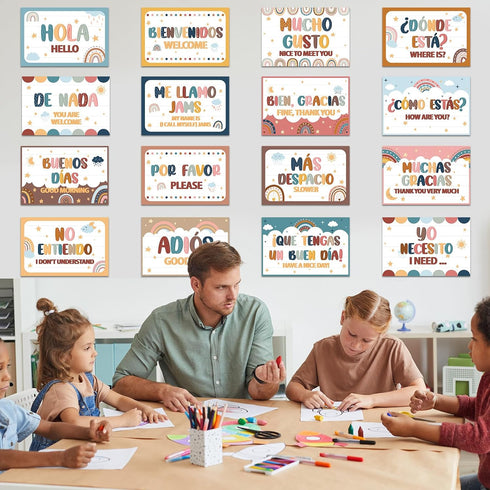 gisgfim 16 Pcs Spanish Words and Phrases Poster Set, Bulletin Board Study Spanish Classroom Decoration