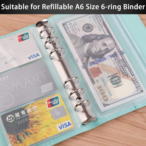 HAUTOCO 15PCS A6 Binder Pockets - 6-Hole Budget Envelopes Planner Inserts for A6 6-Ring Binders, Clear PVC Zipper Pouch