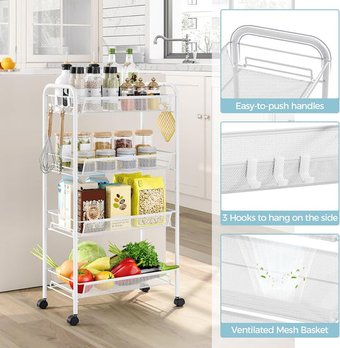4-Tier 3 SYKIARIOL Metal Utility Cart, Mesh Wire Rolling Cart on Wheel, Storage Trolley with Easy Assembly, Organizer