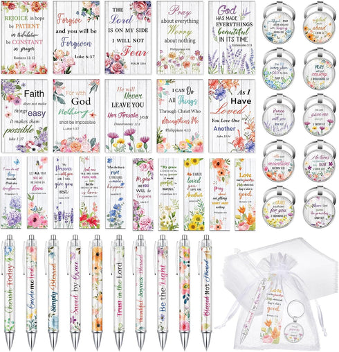 Jetec 150 Bible Verses Gift Set with 30 Christian Bookmarks, Pens, Notebooks, Keychains, and Bags