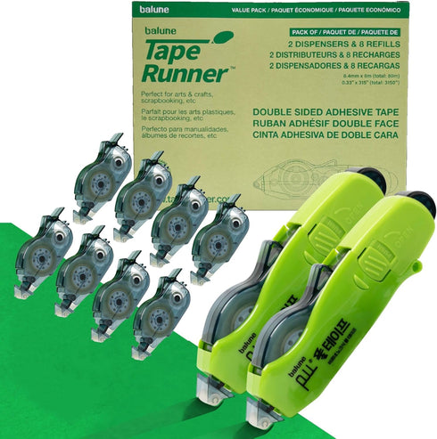 Double Sided Tape with Retractable Dispenser Roller - Permanent, Acid Free, Transparent - 2 Runners & 8 Refill