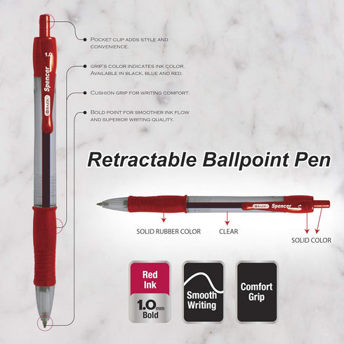 BAZIC Spencer Retractable Pen w/ Cushion Grip, Red (4/Pack)