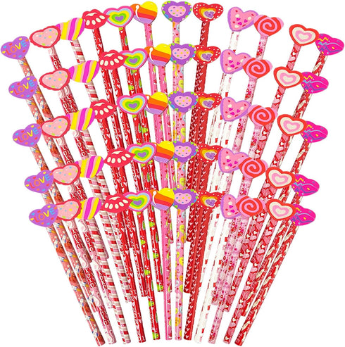 Valentine's Day Pencils, 60 Pieces Assorted with Giant Eraser, Valentine's Party Favors, 12 Styles