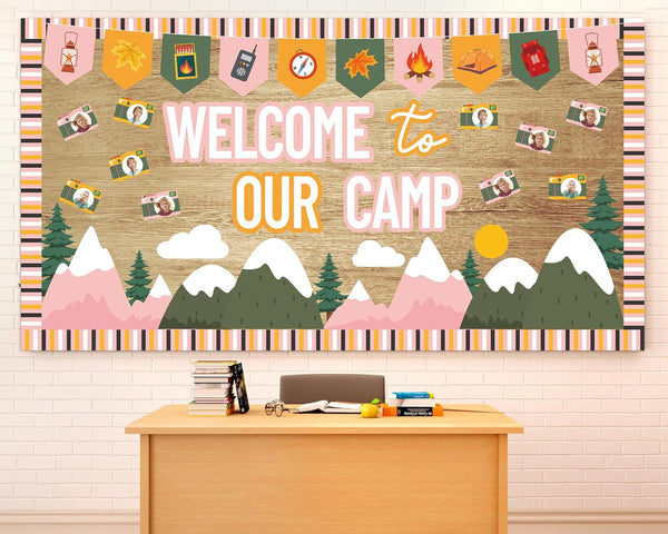 Camping Bulletin Board Set, Welcome to Our Camp Summer Decorations with Adventure DIY Photo Craft Cutouts