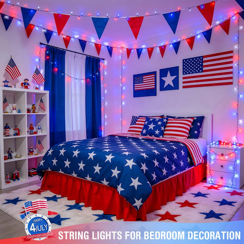 250 4th 91.5ft 8 JMEXSUSS LED Red White and Blue Lights for of July Decorations - Connectable Patriotic Lights Outdoor