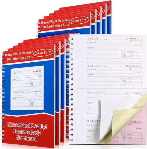 Crtiin 10 Pcs 3 Part Spiral Carbonless Money and Rent Receipt Book with