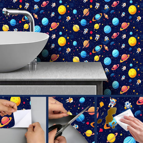 17.7" 118.1" HOMETITUTE Cartoon Galaxy Astronaut Planets Wallpaper Peel and Stick Contact Paper Wall Paper Stick x Self