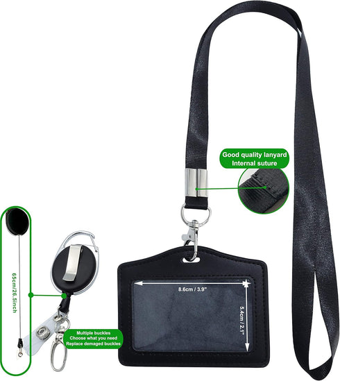ID Card Case + Lanyard + Badge Holder, Retractable Reel Carabiner, Genuine Leather Horizontal Black