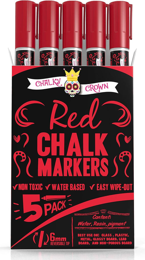CHALKY CROWN 5 Pack Liquid Chalk Marker Pen - 6mm Reversible Tip for Chalkboard Signs, Windows, Blackboard, Glass (Red)