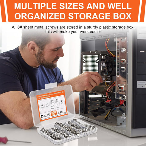 415pcs Premium Self Tapping Screw Assortment Kit, #8 & #10 Stainless Steel Screws, 1/2" to 2" Length