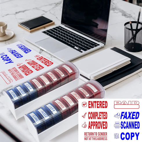 Self Inking Office Stamp Set - 8 PCS Rubber Business Stamps for Approved Paid Completed Copy