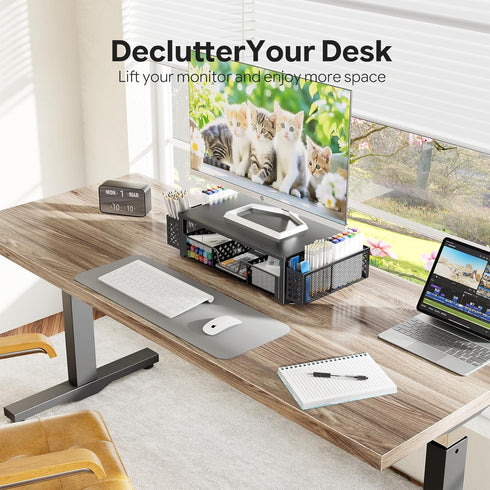 Simple Trending Desk Organizer and Accessories, Computer Metal Monitor Stand Riser with Drawer and Pen Holder
